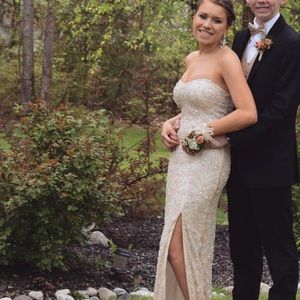 Blush Strapless Jeweled Prom Dress with Slit